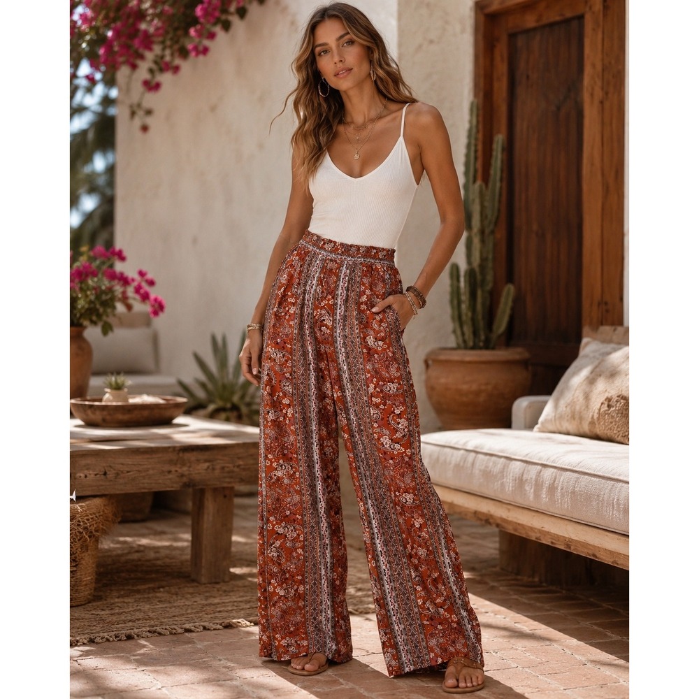 Kingston Grey Pants Womens XL Orange Wide Leg Boho Paisley Festival Hippie